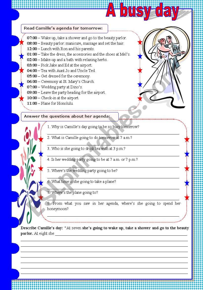 A busy day - reading comprehension + going to future [questions, retelling, gap-filling] KEYS INCLUDED ((3 pages)) ***editable